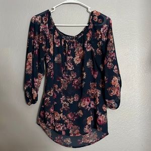 Navy and Pink Floral Lace Blouse